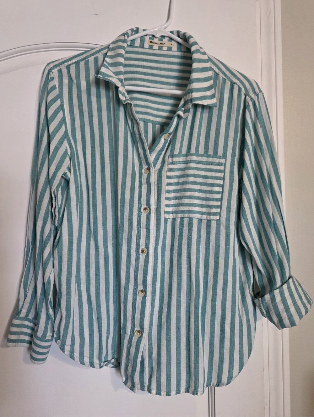 Marine Layer Striped Teal & White Button-Up Shirt